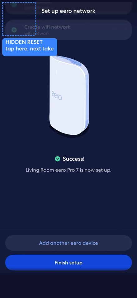 Demo app: success, Living Room eero Pro 7 is now set up, with the hidden reset button marked in the top left corner
