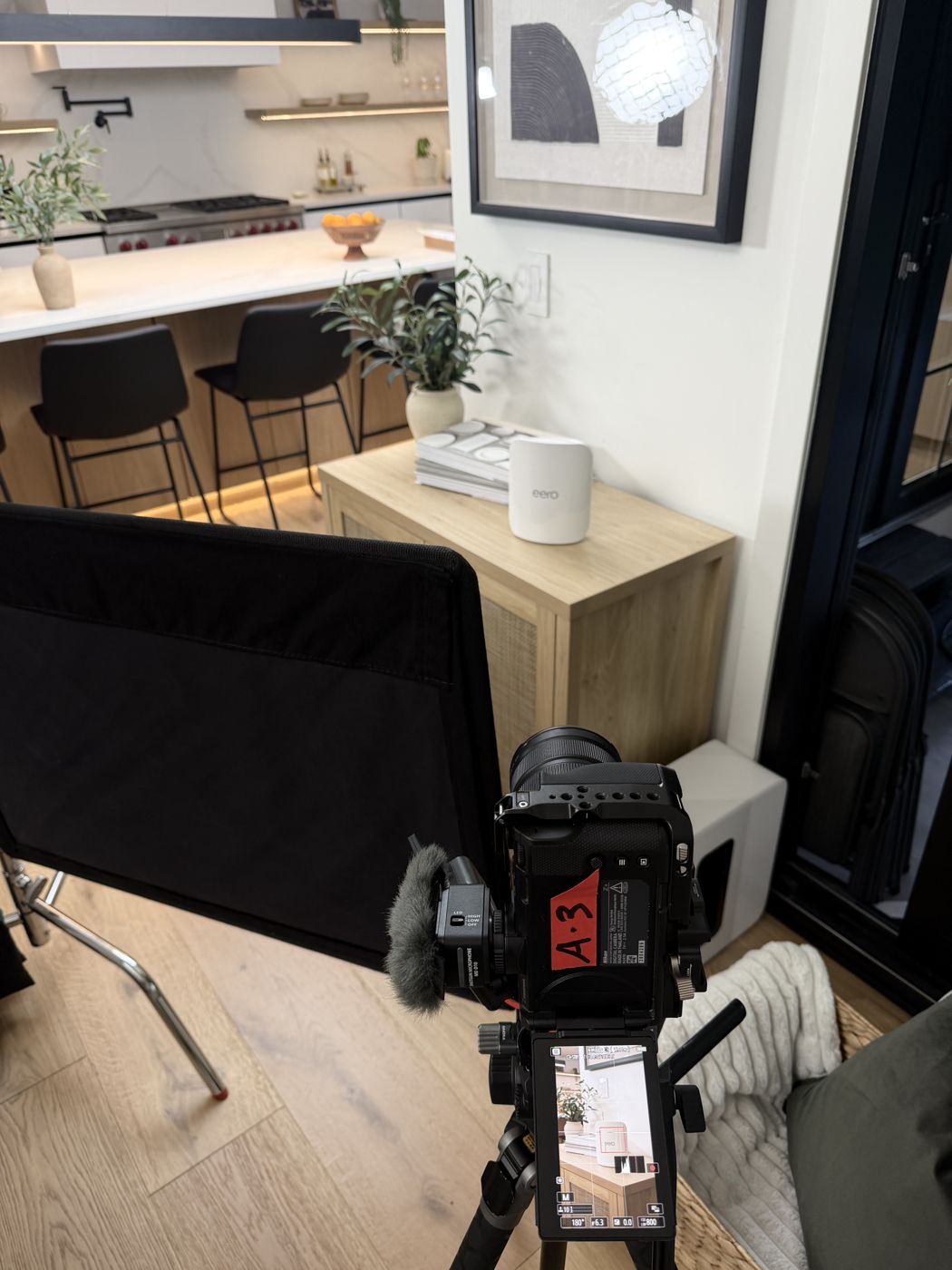 A camera and monitor on the kitchen setup