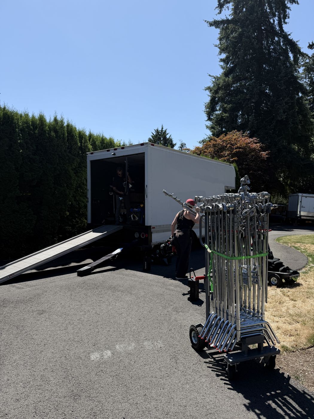 Grip truck and stands at load-in